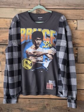 Upcycled  Bruce Lee Graphic T-shirt With  Flannel Long Sleeves  Black & Gray